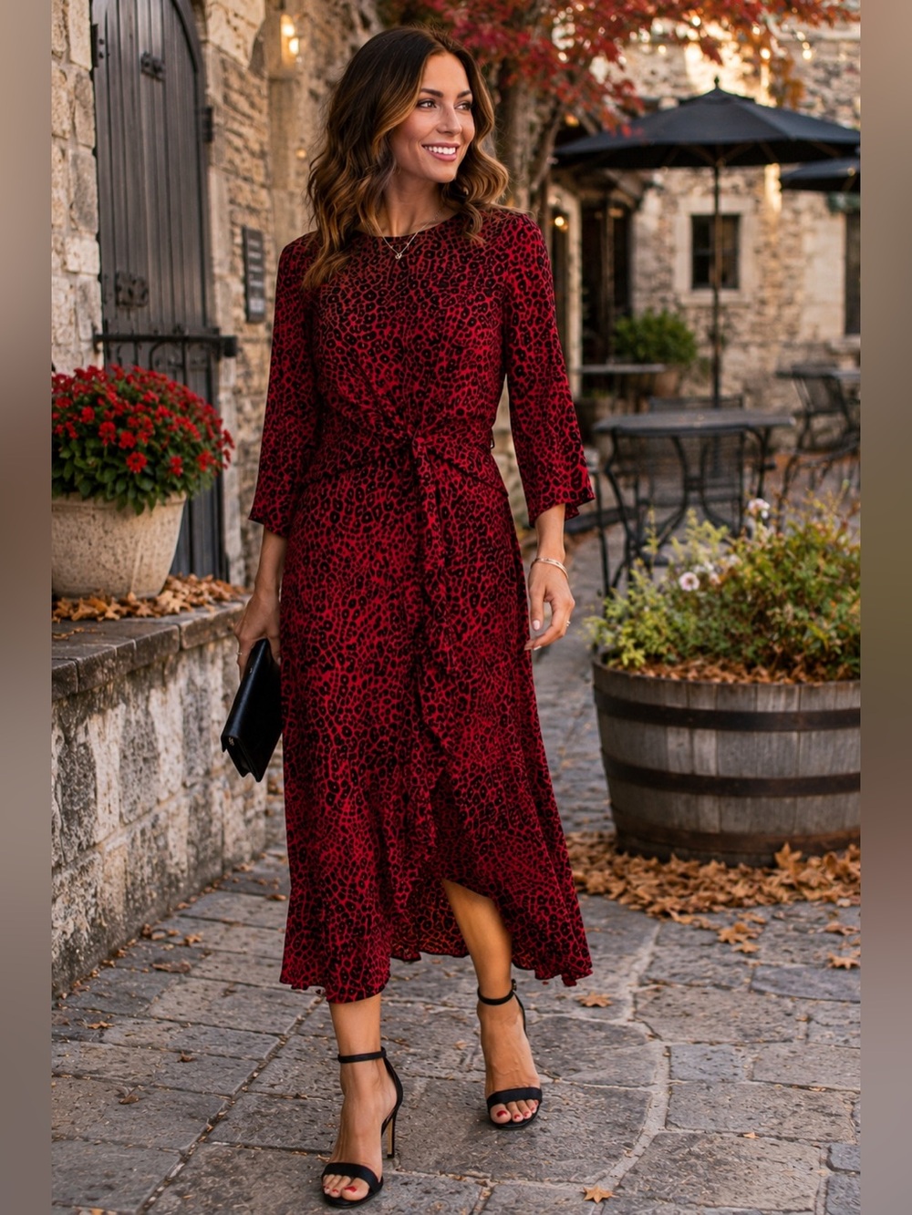 AX Paris Red Leopard Print Tie Waist Midi Dress Size 10 Elegant Flowy Print